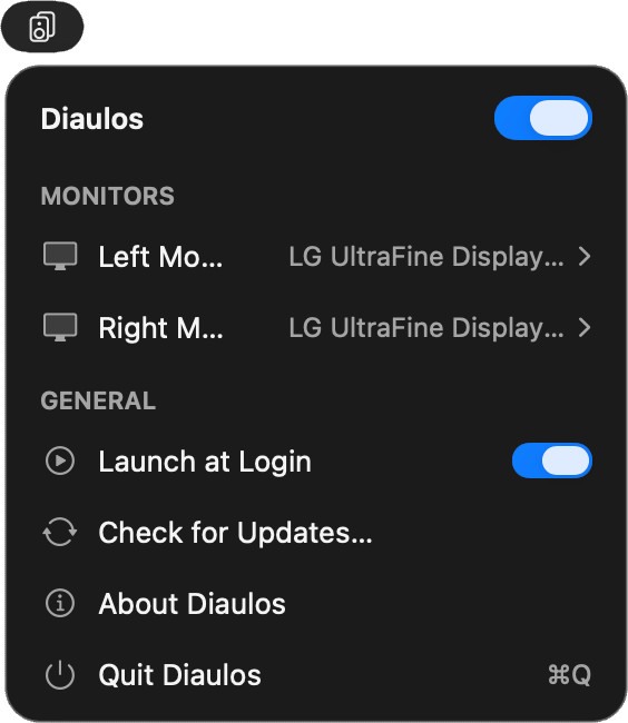 Diaulos panel below its menu bar icon with the routing switch on and both monitors set to LG UltraFine displays