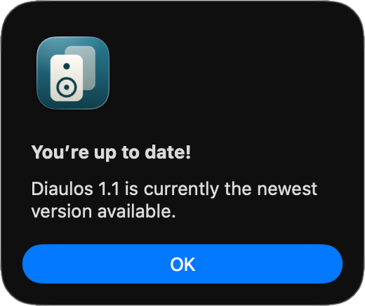 Sparkle update dialog confirming Diaulos is up to date